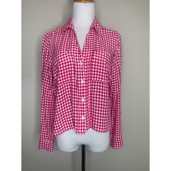 Jones NY Pink Gingham Cropped Shirt Sz Medium Western Preppy - Picture 1 of 9